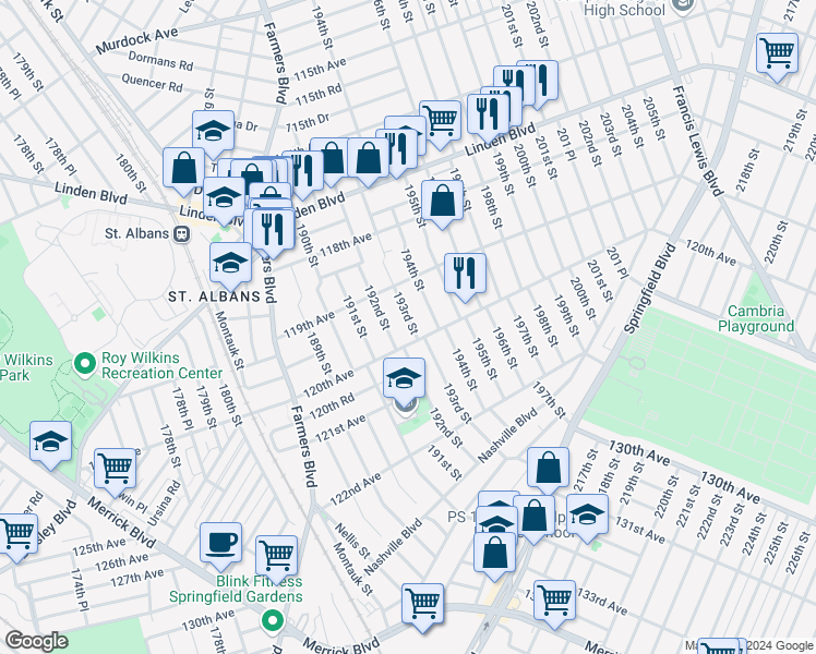 map of restaurants, bars, coffee shops, grocery stores, and more near 119-33 193rd Street in Queens