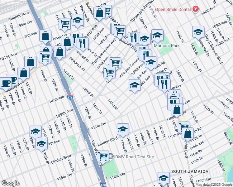 map of restaurants, bars, coffee shops, grocery stores, and more near 145-02 109th Avenue in Queens