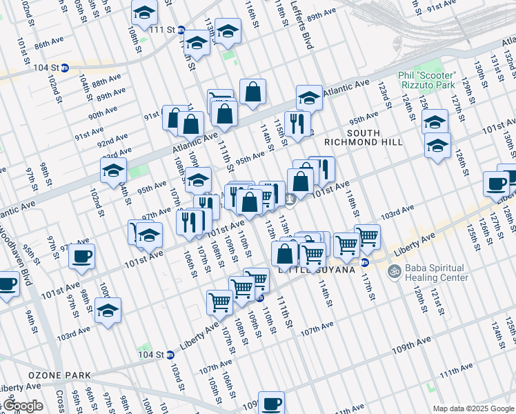 map of restaurants, bars, coffee shops, grocery stores, and more near 95-55 111th Street in Queens