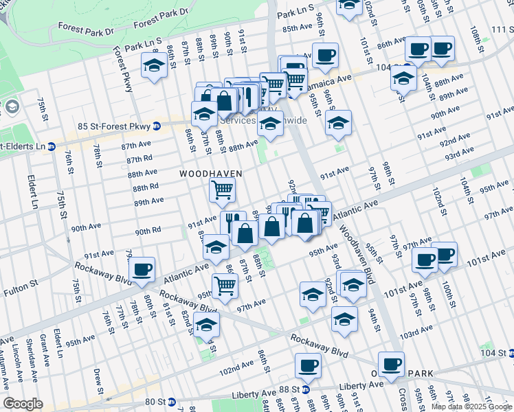 map of restaurants, bars, coffee shops, grocery stores, and more near 89-03 91st Avenue in Queens