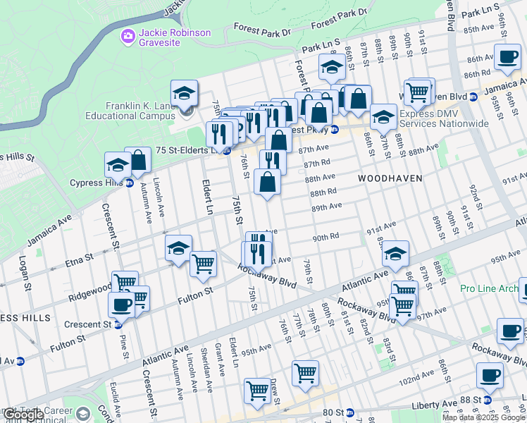 map of restaurants, bars, coffee shops, grocery stores, and more near in Queens
