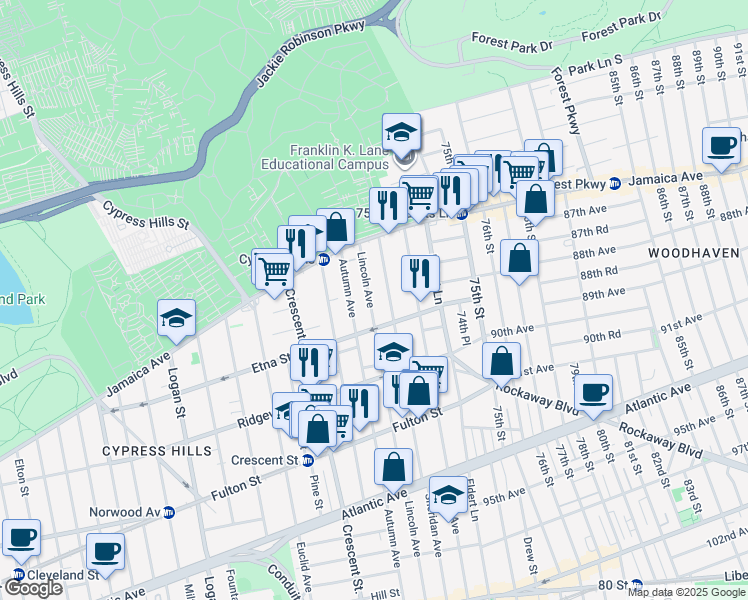map of restaurants, bars, coffee shops, grocery stores, and more near 59 Lincoln Avenue in Brooklyn
