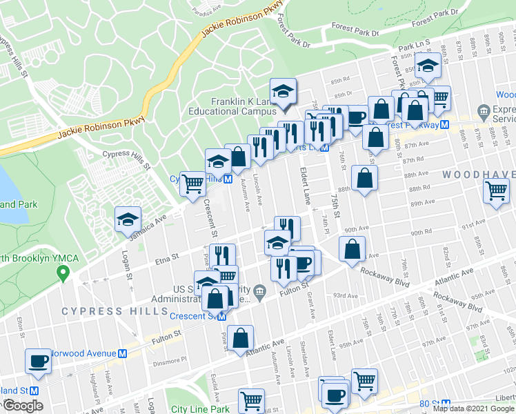 map of restaurants, bars, coffee shops, grocery stores, and more near 59 Lincoln Avenue in Brooklyn
