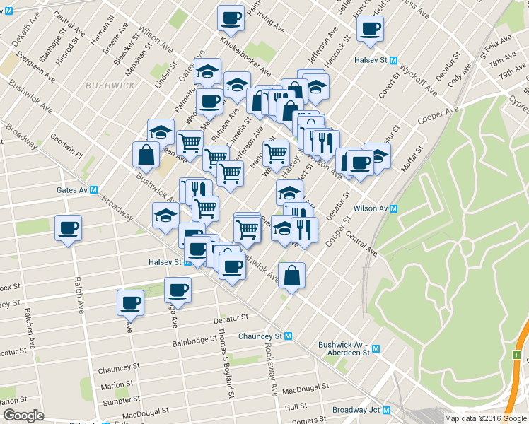 map of restaurants, bars, coffee shops, grocery stores, and more near 1095 Halsey Street in Brooklyn