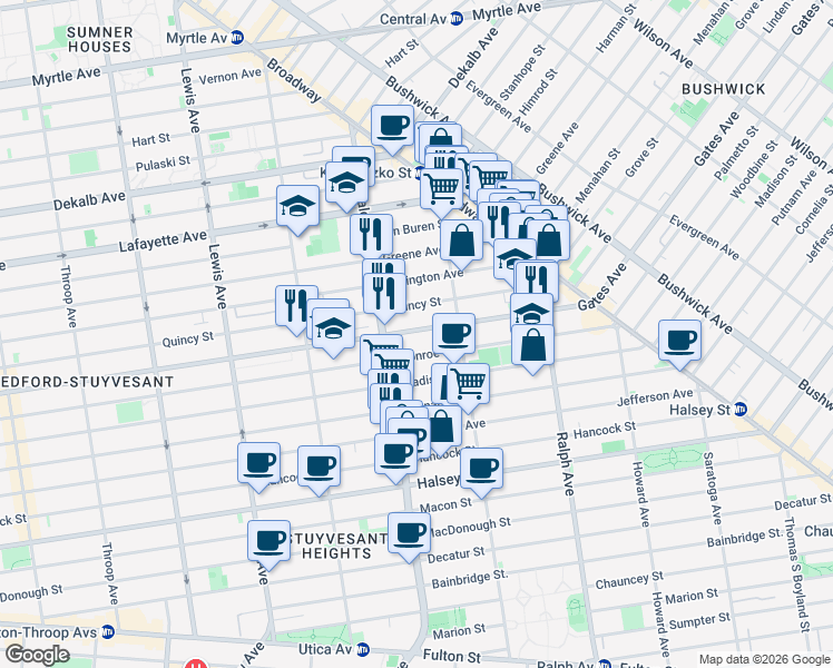 map of restaurants, bars, coffee shops, grocery stores, and more near 921 Gates Avenue in Brooklyn