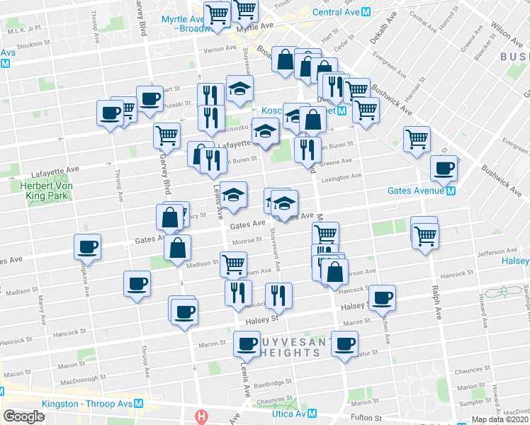 map of restaurants, bars, coffee shops, grocery stores, and more near 639 Quincy Street in Brooklyn