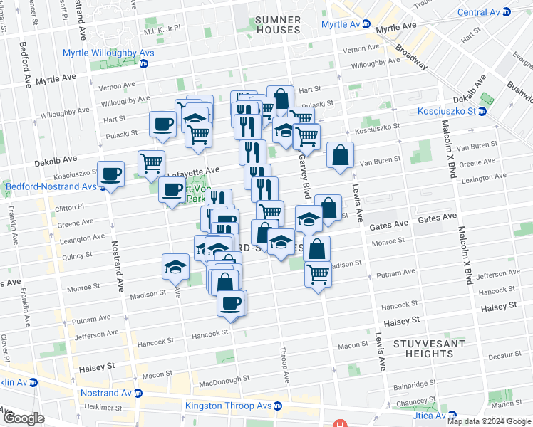 map of restaurants, bars, coffee shops, grocery stores, and more near 434 Throop Avenue in Brooklyn