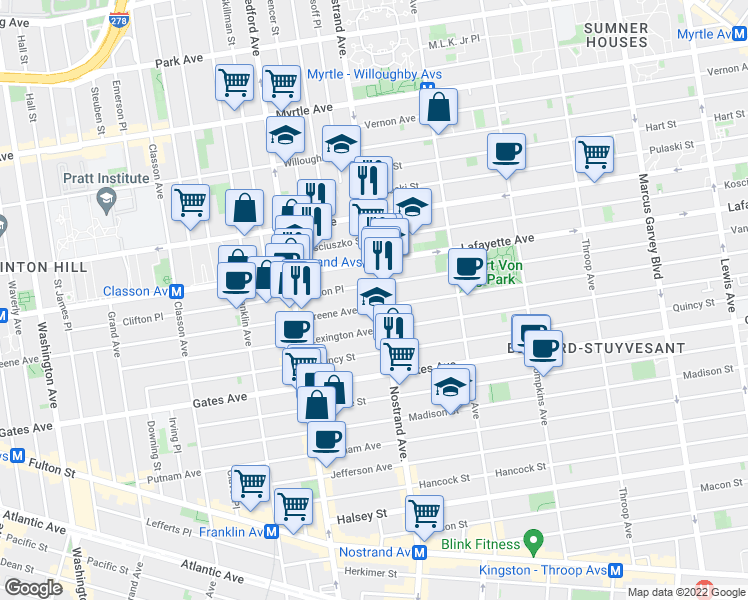 map of restaurants, bars, coffee shops, grocery stores, and more near 328 Clifton Place in Brooklyn