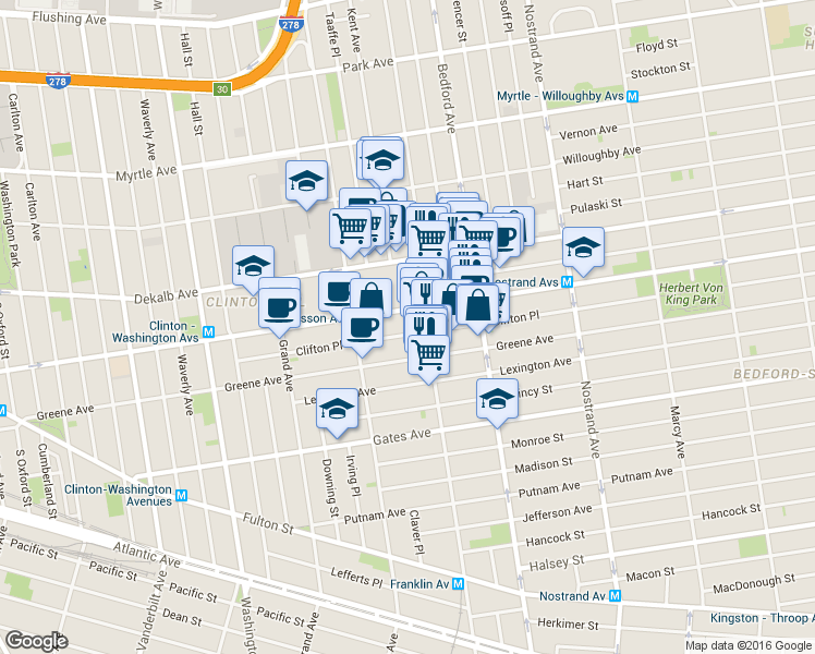 map of restaurants, bars, coffee shops, grocery stores, and more near 446A Lafayette Avenue in Brooklyn