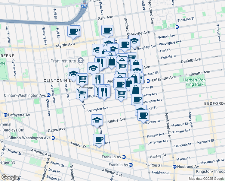 map of restaurants, bars, coffee shops, grocery stores, and more near 404 Lafayette Avenue in Brooklyn