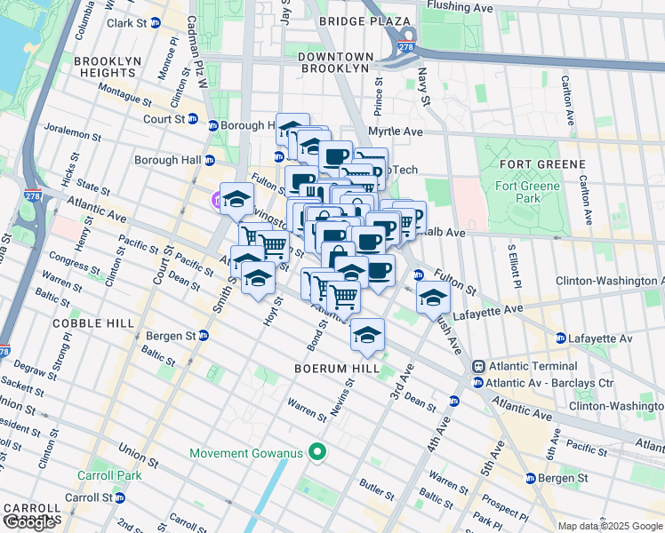map of restaurants, bars, coffee shops, grocery stores, and more near 250 Livingston Street in Brooklyn