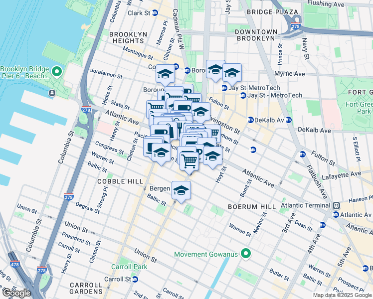 map of restaurants, bars, coffee shops, grocery stores, and more near 245 Atlantic Avenue in Brooklyn