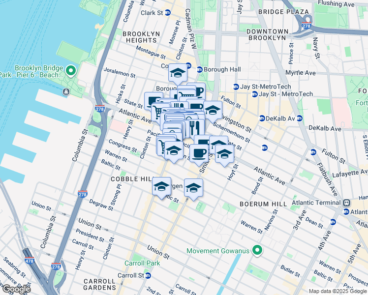 map of restaurants, bars, coffee shops, grocery stores, and more near 212 Atlantic Avenue in Brooklyn