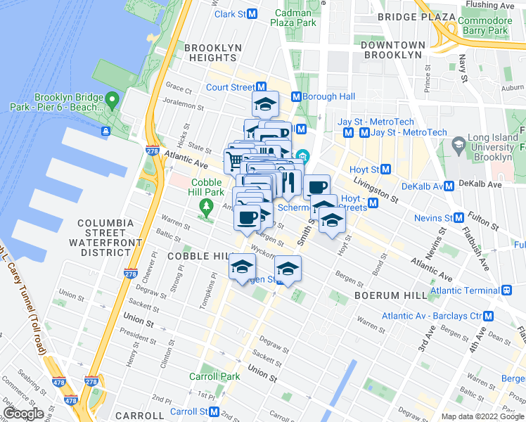 map of restaurants, bars, coffee shops, grocery stores, and more near 212 Atlantic Avenue in Brooklyn
