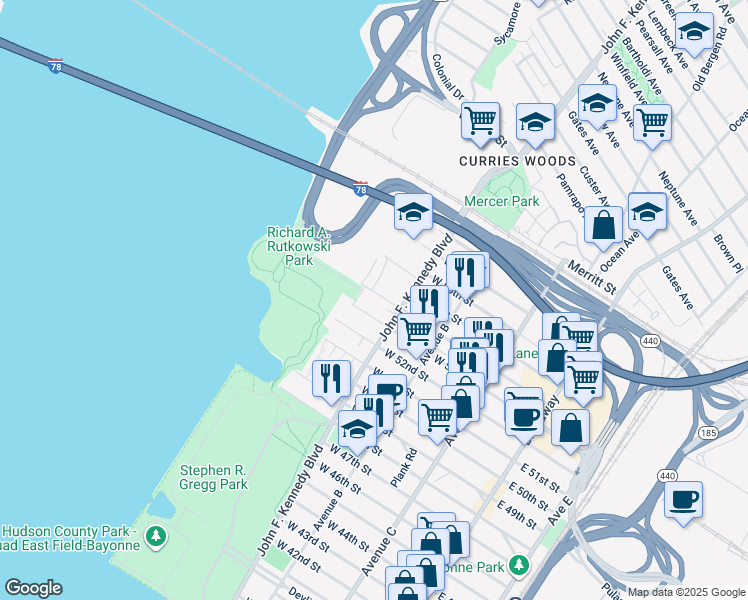 map of restaurants, bars, coffee shops, grocery stores, and more near 8 Sunset Avenue in Bayonne