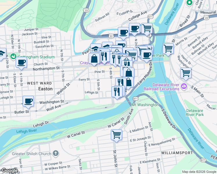 map of restaurants, bars, coffee shops, grocery stores, and more near 127 South 4th Street in Easton