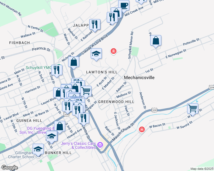 map of restaurants, bars, coffee shops, grocery stores, and more near 519 East Market Street in Pottsville