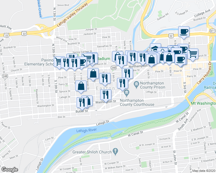 map of restaurants, bars, coffee shops, grocery stores, and more near 123 South Mulberry Street in Easton
