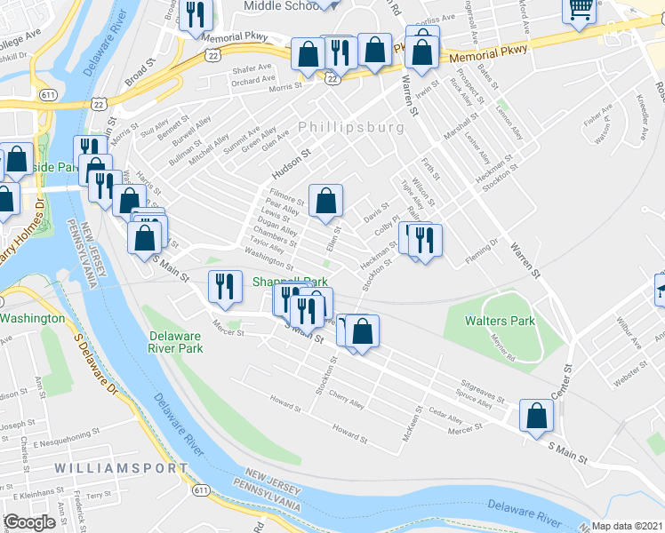 map of restaurants, bars, coffee shops, grocery stores, and more near 322 Chambers Street in Phillipsburg