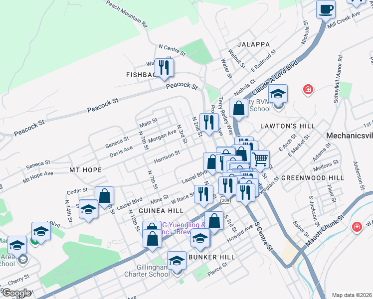 map of restaurants, bars, coffee shops, grocery stores, and more near 565 North 3rd Street in Pottsville
