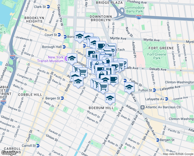 map of restaurants, bars, coffee shops, grocery stores, and more near 202 Schermerhorn Street in Brooklyn