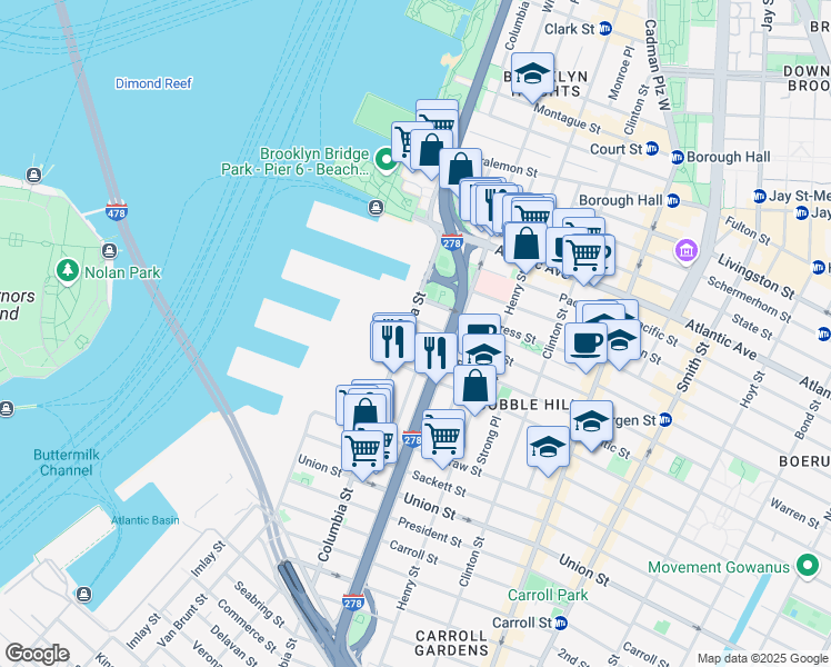 map of restaurants, bars, coffee shops, grocery stores, and more near 96 Warren Street in Brooklyn