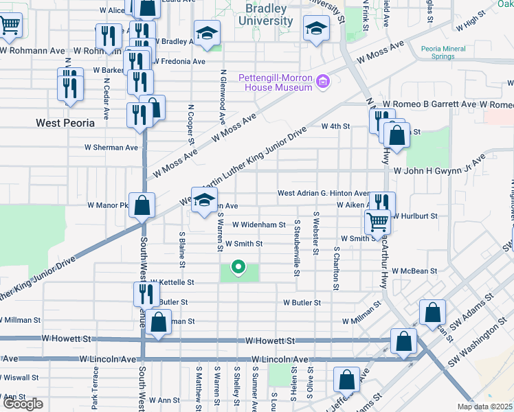 map of restaurants, bars, coffee shops, grocery stores, and more near 101 North DuSable Street in Peoria