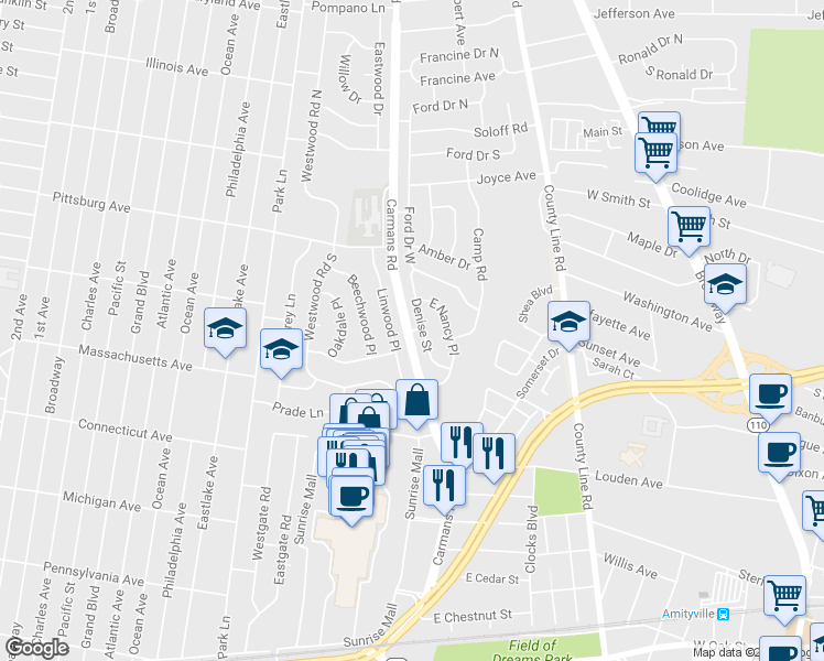 map of restaurants, bars, coffee shops, grocery stores, and more near 0 South Gate in Massapequa