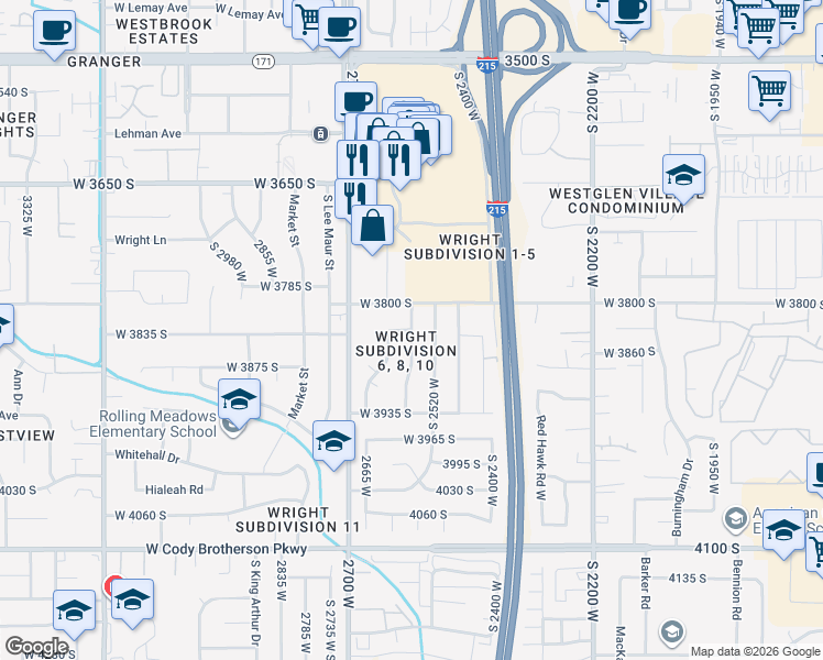map of restaurants, bars, coffee shops, grocery stores, and more near 2613 West Hallmark Drive in West Valley City
