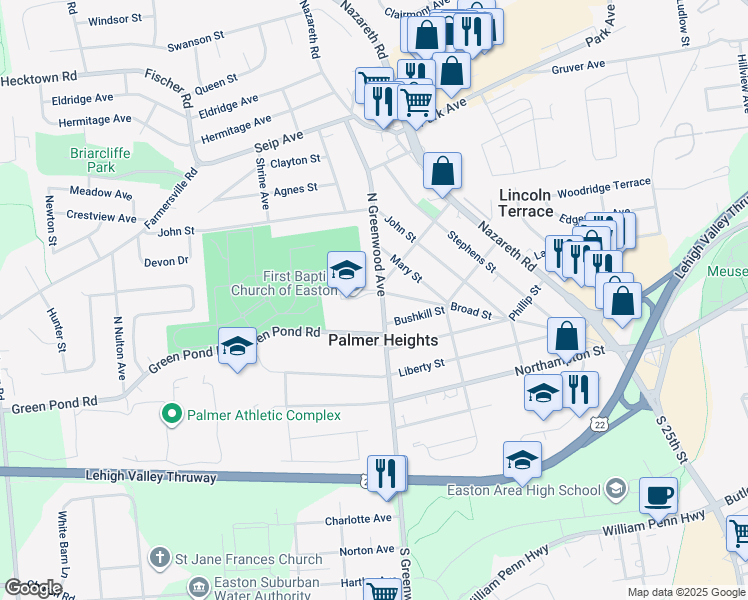 map of restaurants, bars, coffee shops, grocery stores, and more near 155 North Greenwood Avenue in Easton