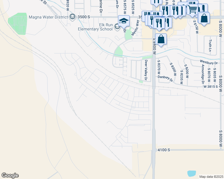 map of restaurants, bars, coffee shops, grocery stores, and more near 3828 Apex Mine Drive in Magna