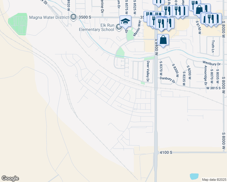 map of restaurants, bars, coffee shops, grocery stores, and more near 3828 Apex Mine Drive in Magna