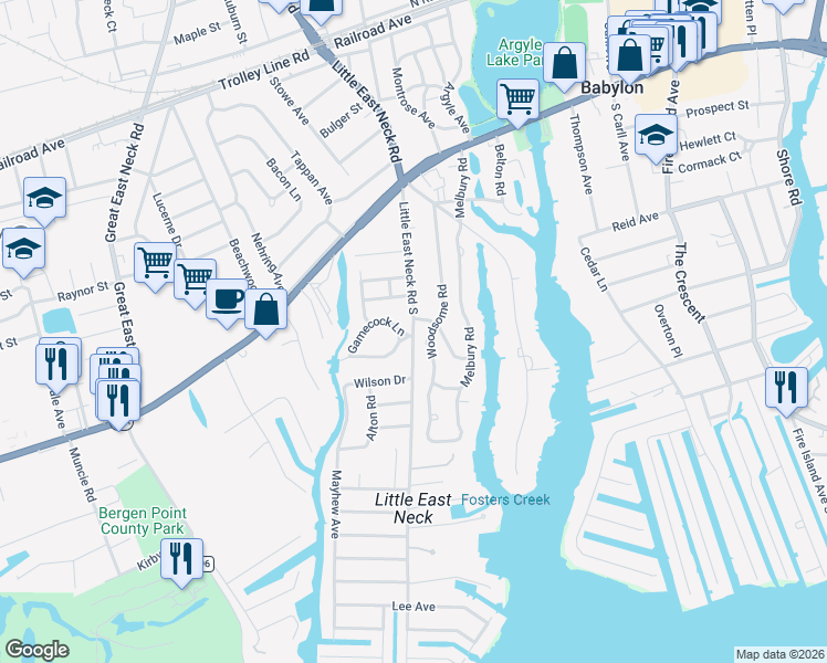 map of restaurants, bars, coffee shops, grocery stores, and more near 219 Little East Neck Road South in Babylon