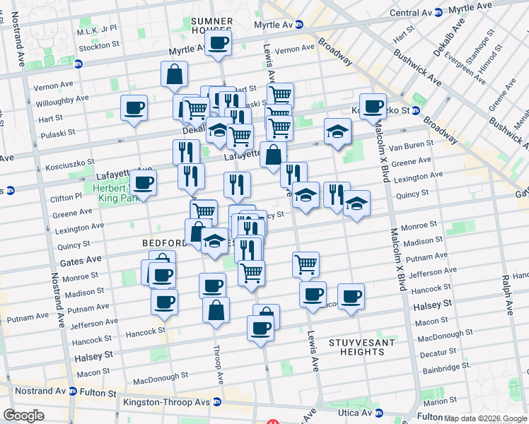 map of restaurants, bars, coffee shops, grocery stores, and more near 539 Quincy Street in Brooklyn
