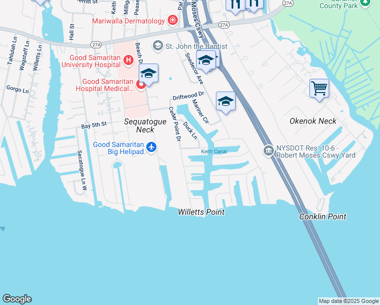 map of restaurants, bars, coffee shops, grocery stores, and more near 2 Duck Lane in West Islip