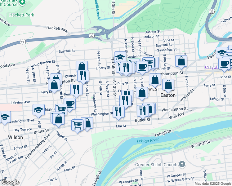map of restaurants, bars, coffee shops, grocery stores, and more near 100 South 13th Street in Easton