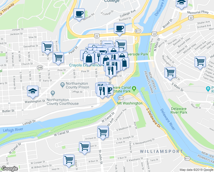 map of restaurants, bars, coffee shops, grocery stores, and more near 153 South 3rd Street in Easton