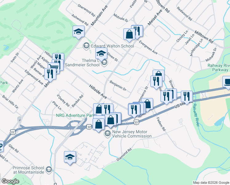 map of restaurants, bars, coffee shops, grocery stores, and more near 175 New Brook Lane in Springfield