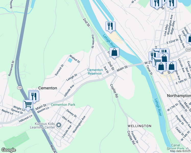 map of restaurants, bars, coffee shops, grocery stores, and more near 5401 Hillside Avenue in Lehigh County
