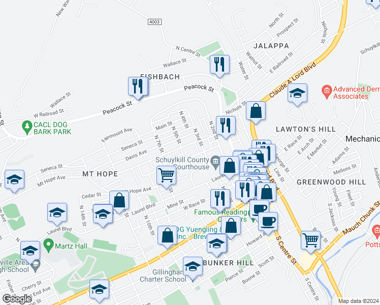 map of restaurants, bars, coffee shops, grocery stores, and more near 420 Harrison St in Pottsville