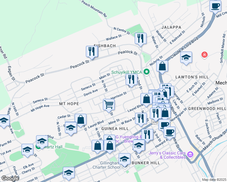 map of restaurants, bars, coffee shops, grocery stores, and more near 507 Fairview Street in Pottsville