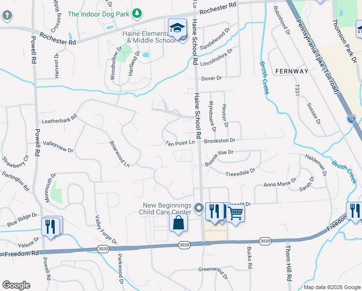 map of restaurants, bars, coffee shops, grocery stores, and more near 524 Ten Point Lane in Cranberry Township