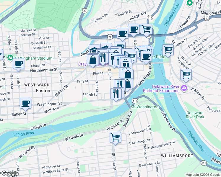 map of restaurants, bars, coffee shops, grocery stores, and more near 127 South 4th Street in Easton