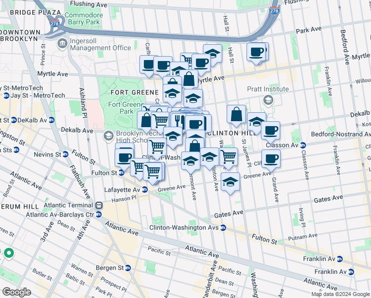 map of restaurants, bars, coffee shops, grocery stores, and more near 308 Clermont Avenue in Brooklyn