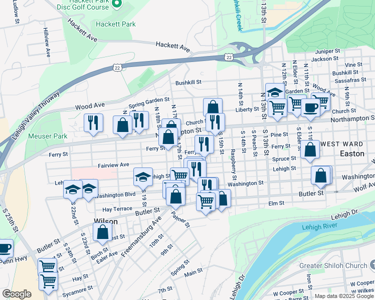 map of restaurants, bars, coffee shops, grocery stores, and more near 1621 Ferry Street in Easton