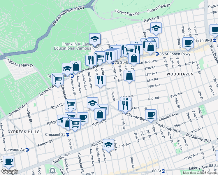 map of restaurants, bars, coffee shops, grocery stores, and more near 8801 Eldert Lane in Queens
