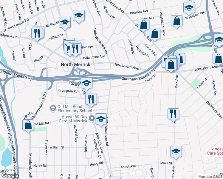 map of restaurants, bars, coffee shops, grocery stores, and more near 1256 Little Whaleneck Road in Merrick