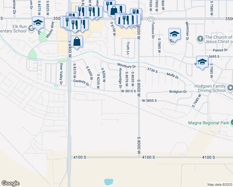 map of restaurants, bars, coffee shops, grocery stores, and more near 3823 South 8140 West in Magna
