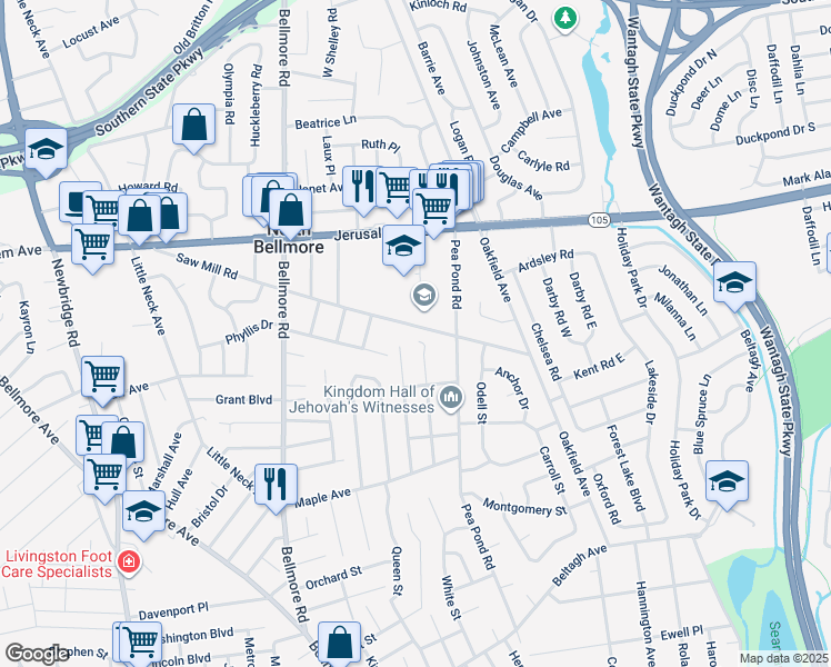 map of restaurants, bars, coffee shops, grocery stores, and more near 1300 Cayuga Avenue in North Bellmore