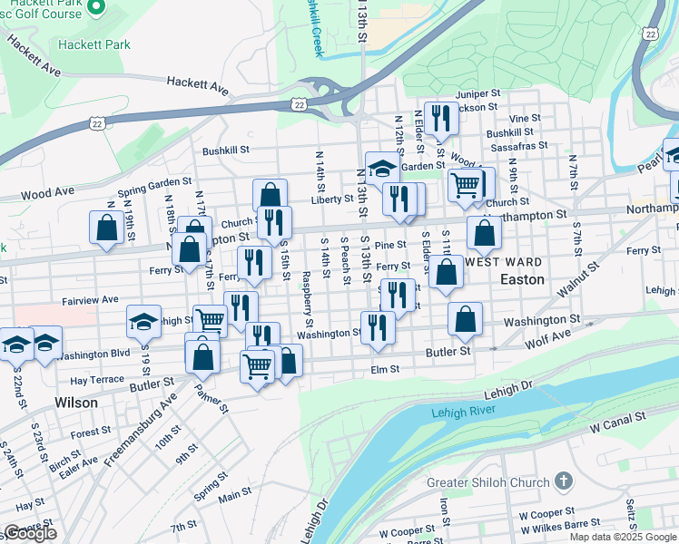 map of restaurants, bars, coffee shops, grocery stores, and more near 1342 Ferry Street in Easton